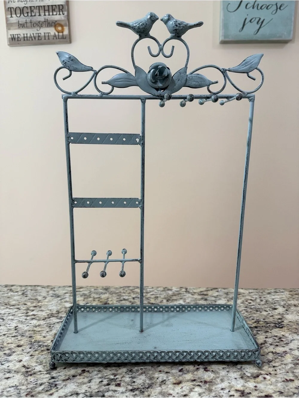 Jewelry Organizer Stand Distressed Blue Metal Necklace Holder Earring Display